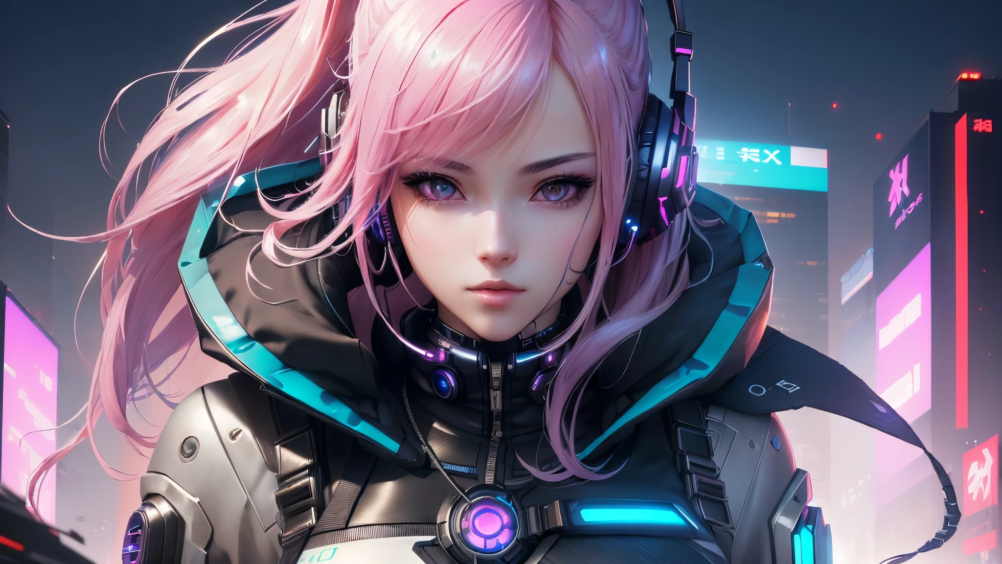 ((masterpiece, highest quality, Best image quality, High resolution)), ((Highly detailed CG synthesis 8k wallpaper)), Anime girl with futuristic hair and headphones in front of a city, Digital Cyberpunk anime art, Cyberpunk Anime Girl, Digital Cyberpunk - Anime Art, Dreamy Cyberpunk Girl, female Cyberpunk Anime Girl, Cyberpunk art style, Portrait of a cyberpunk girl, anime cyberpunk art, Anime Style 4K, Cyberpunk beautiful girl, Cyberpunk atmosphere, Cute Cyborg Girl, Cyberpunk anime art, Anime Style. 8k、Close-up face