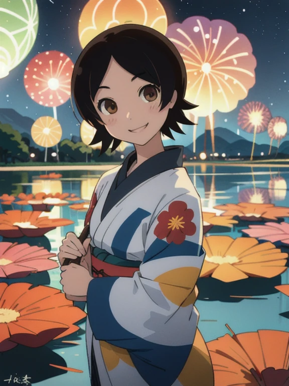 Obra maestra, mejor calidad, 1 chica, solo, NamiHitou, sonrisa ligera, propias manos juntas, ropa japonesa, kimono de flores, flotando en un barco, en un lago, noche, noche sky, Aerial fireworks,