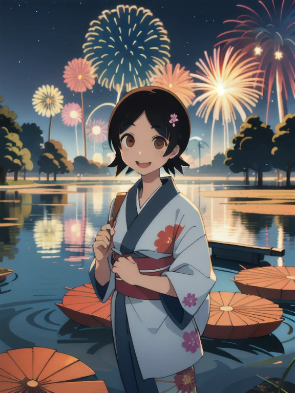Obra maestra, mejor calidad, 1 chica, solo, NamiHitou, sonrisa ligera, propias manos juntas, ropa japonesa, kimono de flores, flotando en un barco, en un lago, noche, noche sky, Aerial fireworks,