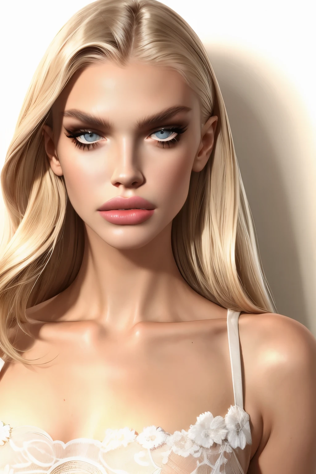 boy avatar, andrej pejic, long blonde hair, gray eyes, sharp features, white skin, bimbo lips, pink lipstick, sexy look.