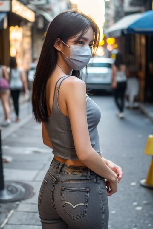 wear skinny jeans，Grey tank top，Plump butt，The back view is also attractive，Wear a mask，Sunset on the street corner，Stay away from full body photos，Stand in a corner, 20 meters away from the lens
