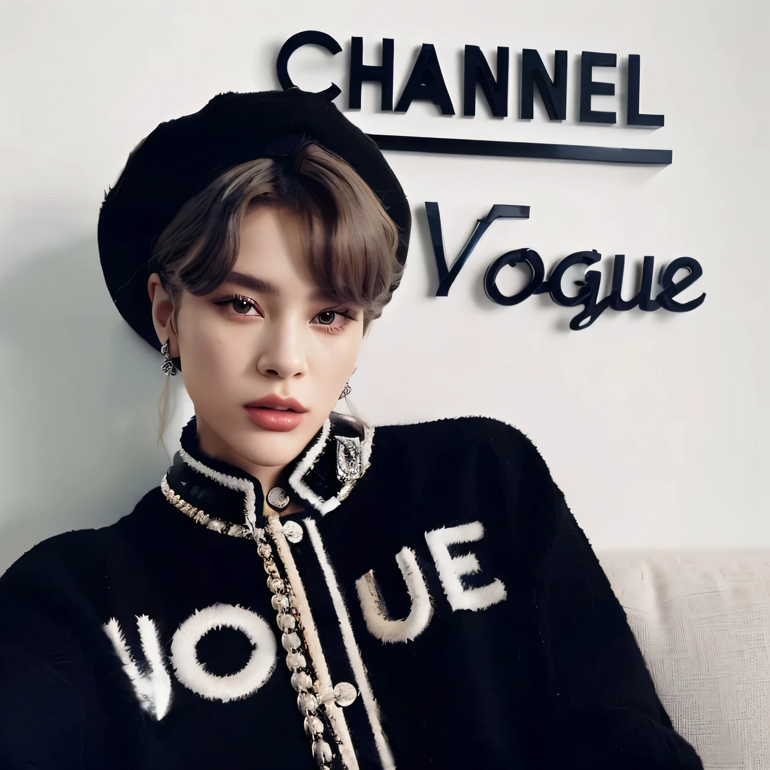 araffe chanel vogue magazine cover with a woman wearing a black jacket and hat, channel, park jimin, vouge style photo, photoshoot for vogue magazine, for vogue, vouge, vogue photoshoot, photo for vogue, vogue style, jimin\'s plump lips, cai xukun, photo from vogue magazine, chanel, vogue, kim doyoung, xqc