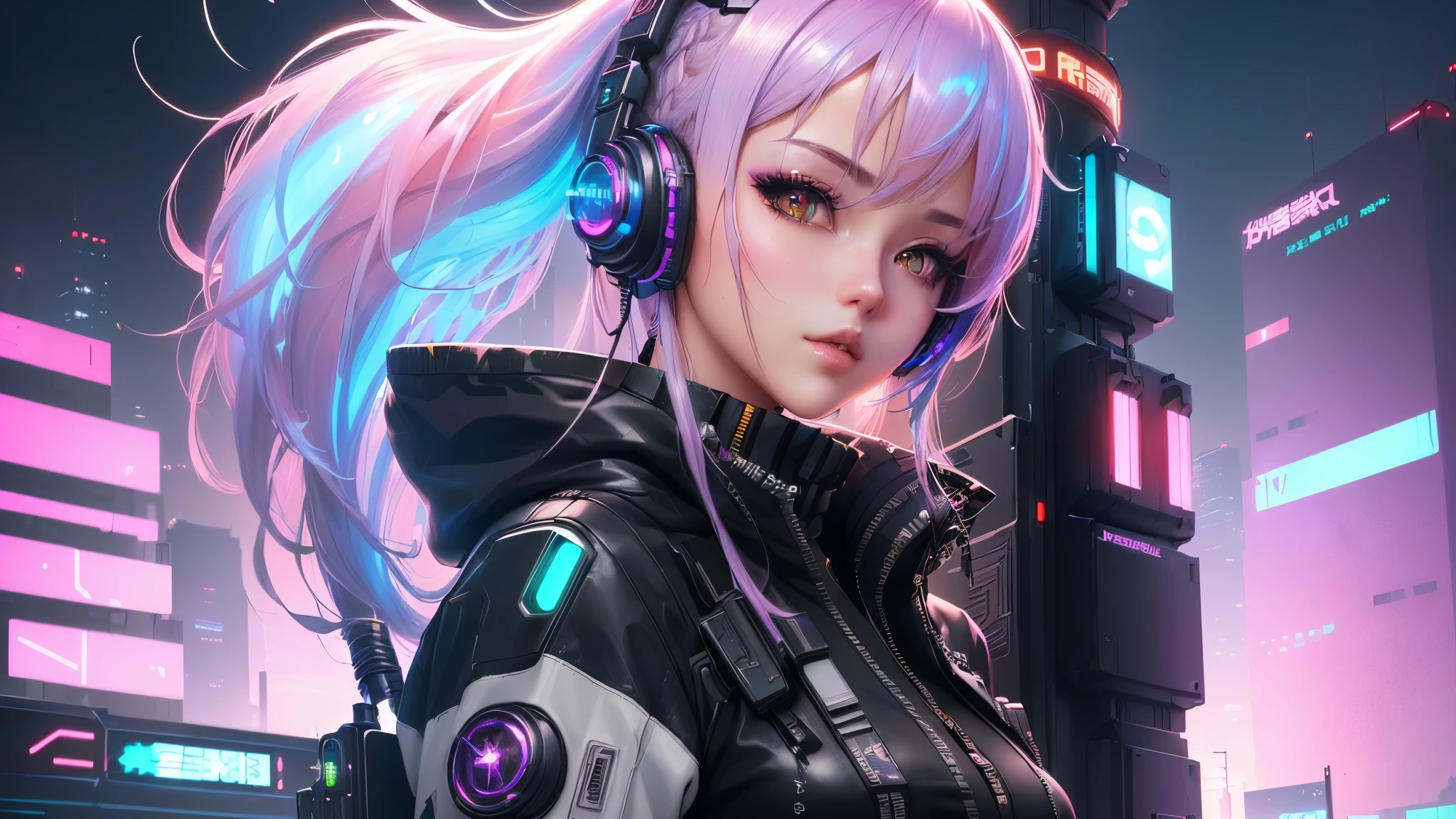 ((masterpiece, highest quality, Best image quality, High resolution)), ((Highly detailed CG synthesis 8k wallpaper)), Anime girl with futuristic hair and headphones in front of a city, Digital Cyberpunk anime art, Cyberpunk Anime Girl, Digital Cyberpunk - Anime Art, Dreamy Cyberpunk Girl, female Cyberpunk Anime Girl, Cyberpunk art style, Portrait of a cyberpunk girl, anime cyberpunk art, Anime Style 4K, Cyberpunk beautiful girl, Cyberpunk atmosphere, Cute Cyborg Girl, Cyberpunk anime art, Anime Style. 8k、Close-up face
