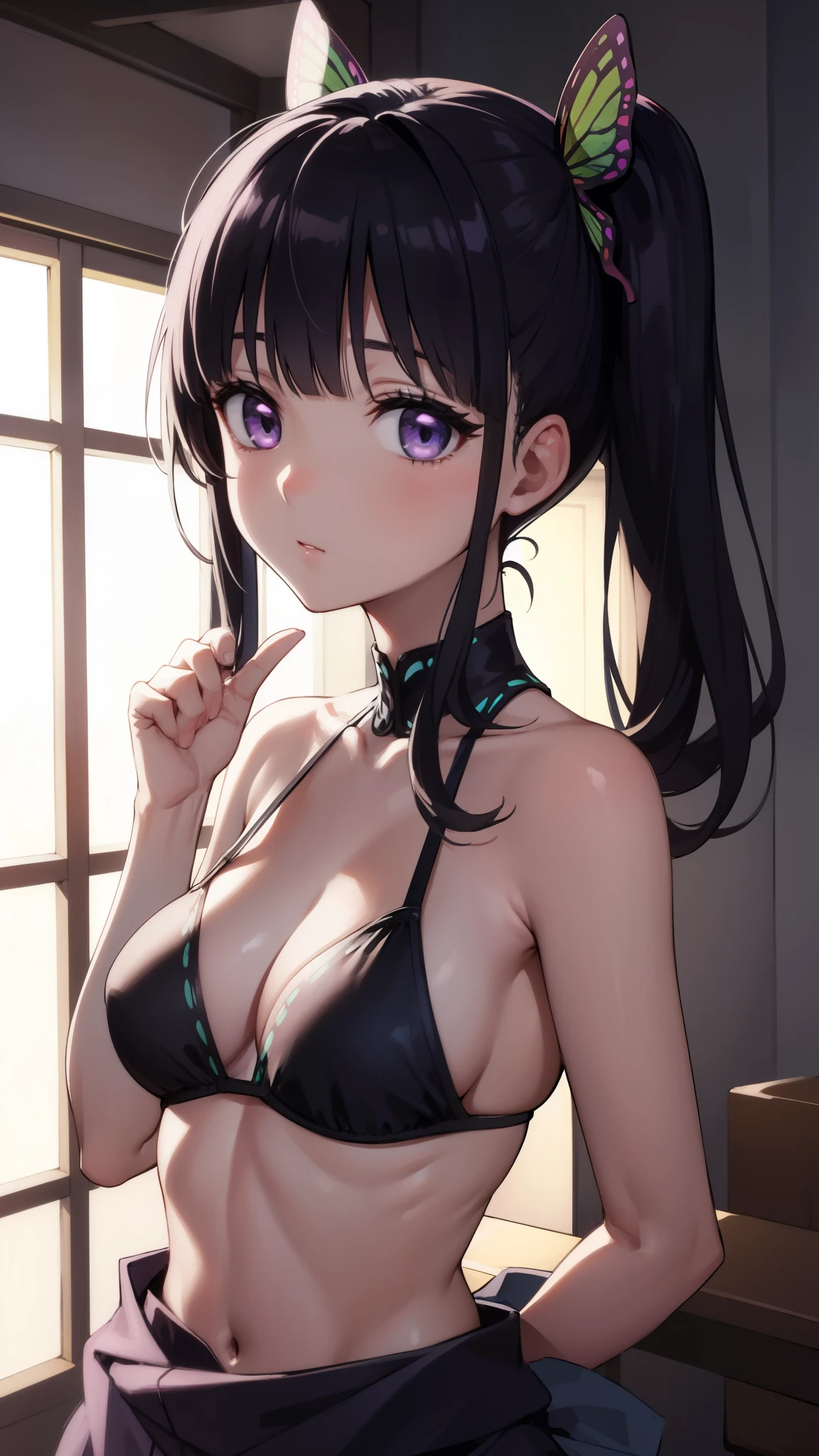 kanaotsuyuri, kanao tsuyuri, black hair, butterfly, butterfly hair ornament, (purple eyes:1.1), side ponytail, ponytail,
BREAK black bikini,
BREAK looking at viewer,
BREAK classroom,
BREAK (masterpiece:1.2), best quality, high resolution, unity 8k wallpaper, (illustration:0.8), (beautiful detailed eyes:1.6), extremely detailed face, perfect lighting, extremely detailed CG, (perfect hands, perfect anatomy),
