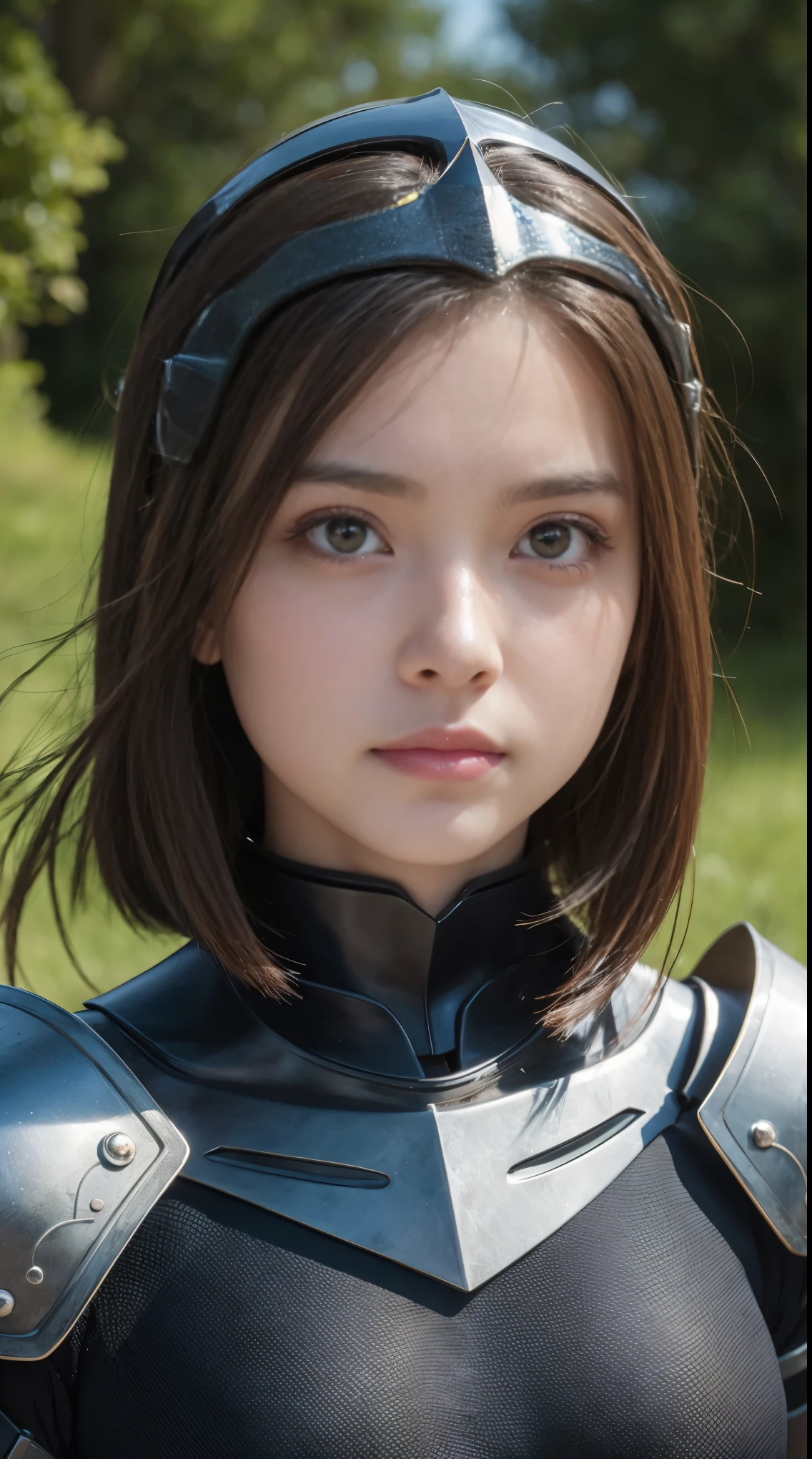 ((Realistic)), Cinematic shots, movie theatre, Reference Photo, 最high quality, high quality, (Detailed face and eyes:1.1), A giant knight in black armor, ((Complex helmet)), Face Mask Armor, ((Big eyes)), black sclera, In the countryside, Iris, Scattered beneath the surface, Complex (Attention to detail), ((cute)), (Detailed skin:1.1), Shiny skin, Photorealism, Volumetric lighting, magic circle, Castle in the background,