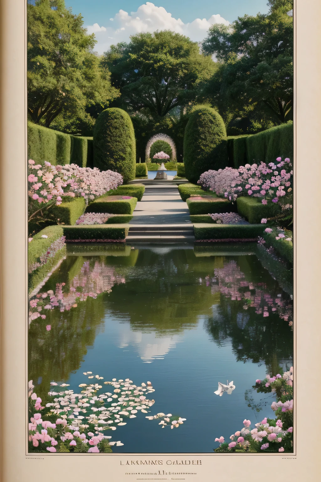 extremely delicate and beautiful, Amazing, finely detail, masterpiece, ultra-detailed, highres,best illustration, best shadow,intricate,sharp focus, high quality,, ladt looking donw into the water in a rose garden, book asthetic,