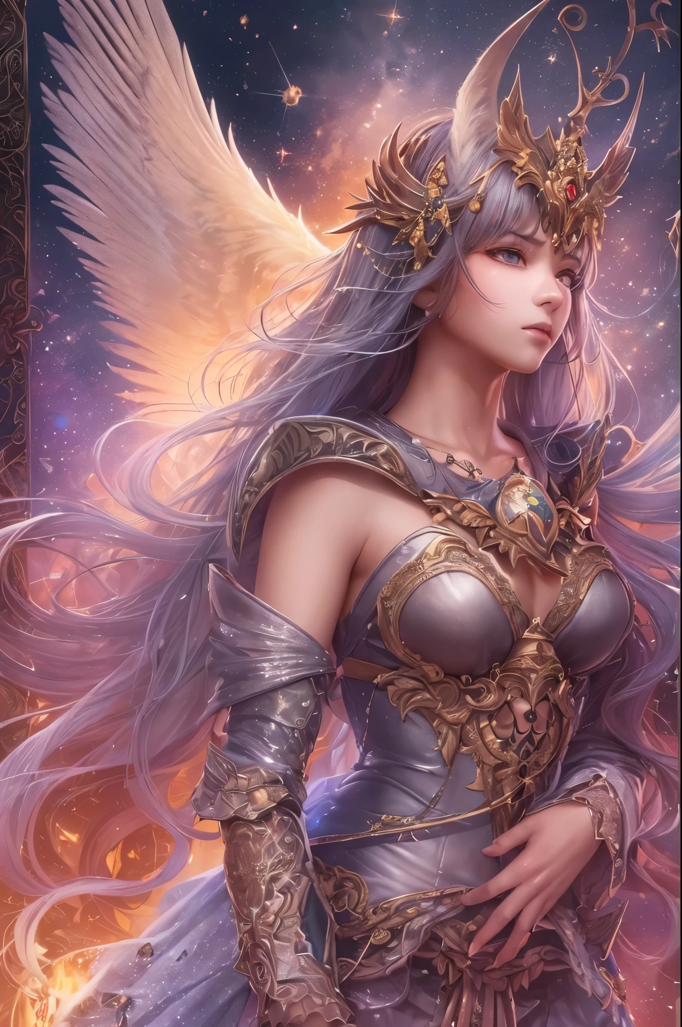 ((highest quality)),(Ultra-high resolution),(Very detailed),(Detailed Description),((The best CG)),(A masterpiece),Ultra-detailed art,Amazing drawing art,(Art with exquisite detail:1.5), (A woman in glittering armor:1.4), Milky Way, wing