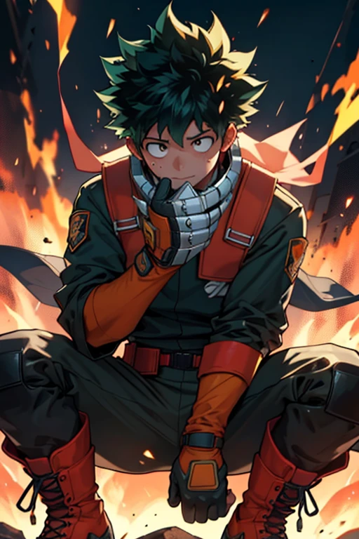 Izuku Midoriya's fire-related suit could include the following elements:
- Un traje ajustado de color rojo con detalles en naranja y amarillo que simulan llamas.
- A belt with a flame-shaped buckle.
- Fire resistant gloves and boots to protect you in the event of an explosion.
- Un casco con visor transparente para proteger su rostro del calor.
- A flame-shaped emblem on the chest that symbolizes its connection with fire.
- Incorporate technology that allows you to control and manipulate fire safely and effectively, como lanzallamas integrados en sus guantes.
- Design details that reflect your personality and your skills as a hero in training.