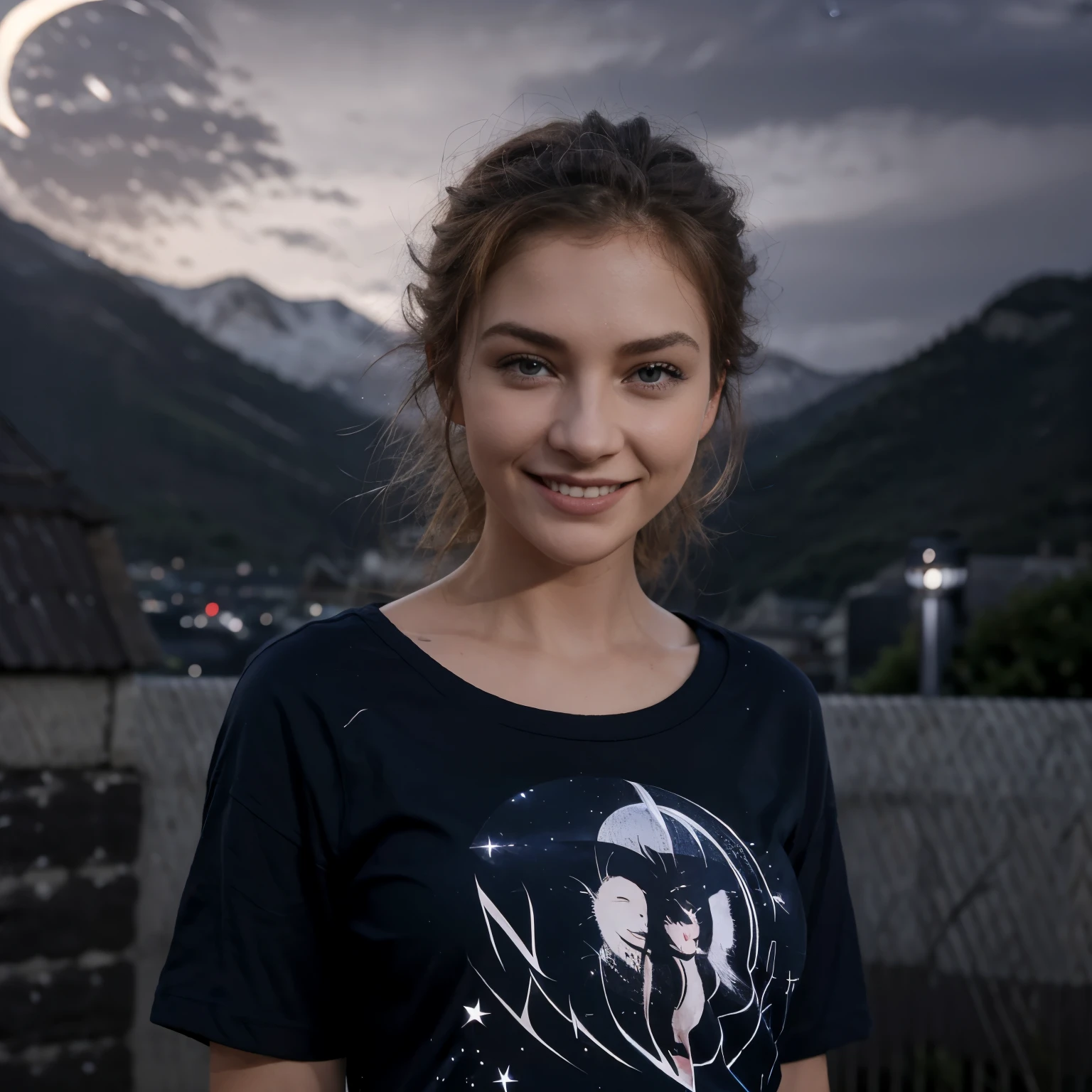 1fille, sxfrances, cheveux courts, cheveux roux, yeux verts, taches de rousseur, SOURIRE, salopette rouge, t-shirt bleu, retrousser les manches, montagne, lune, (nuit:1.5), regarder le spectateur