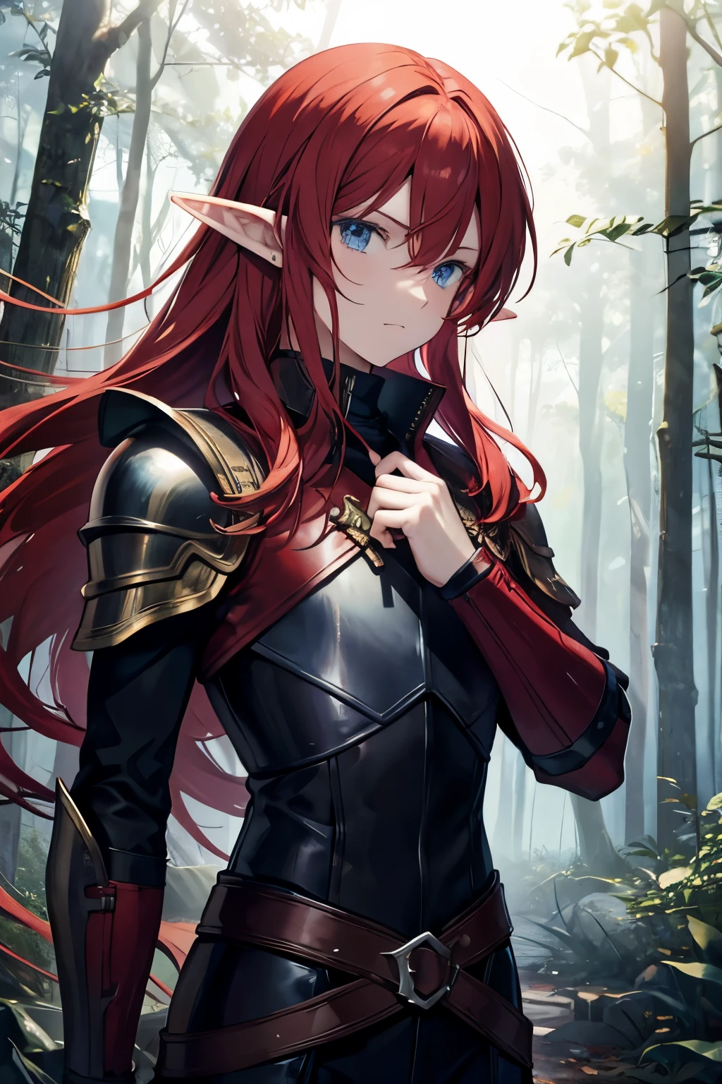 Elf guy, with medium-length red hair, dressed in leather armor, blue eyes, against a background of a dense forest
