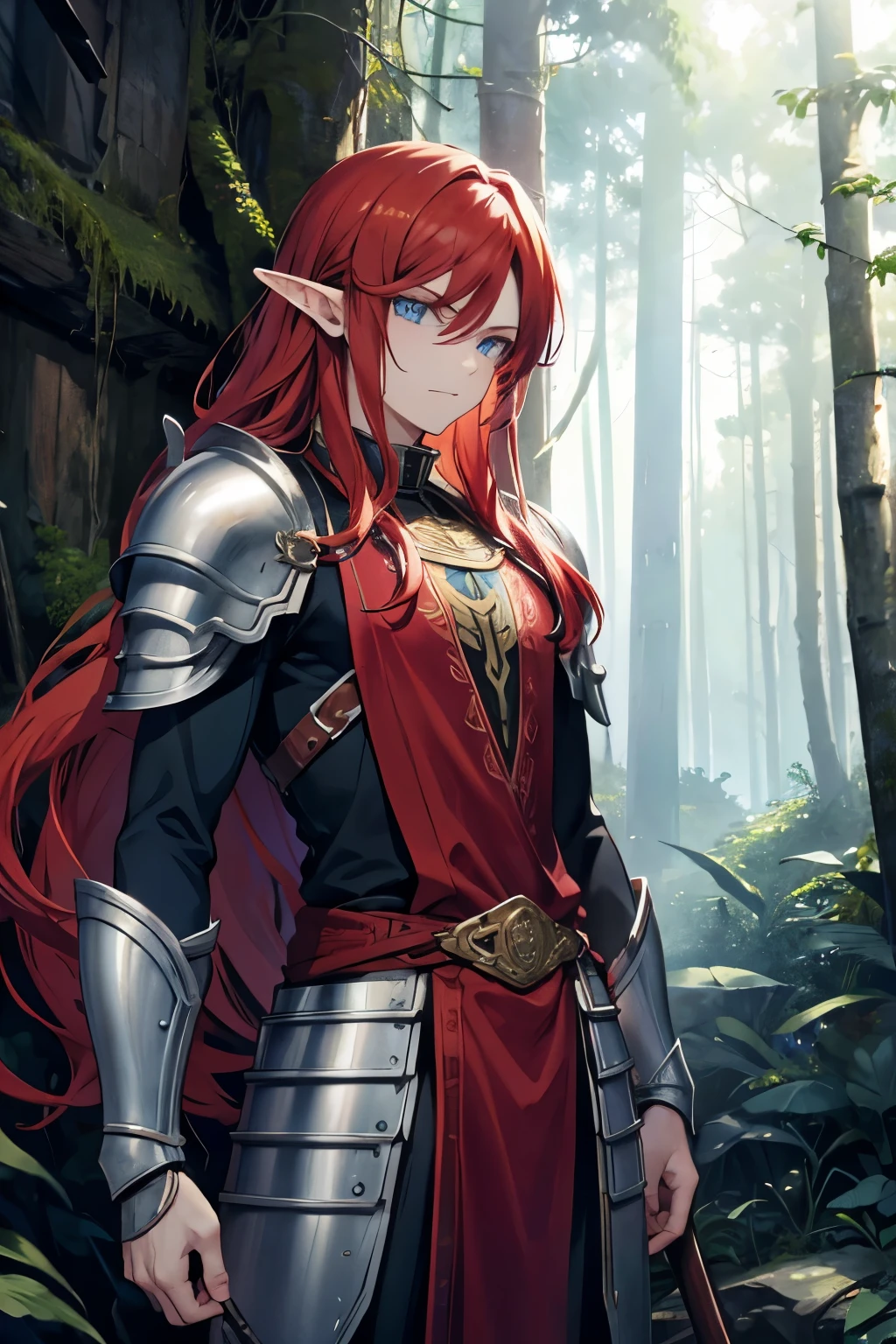 Elf guy, with medium-length red hair, dressed in barbarian armor, blue eyes, against a background of a dense forest