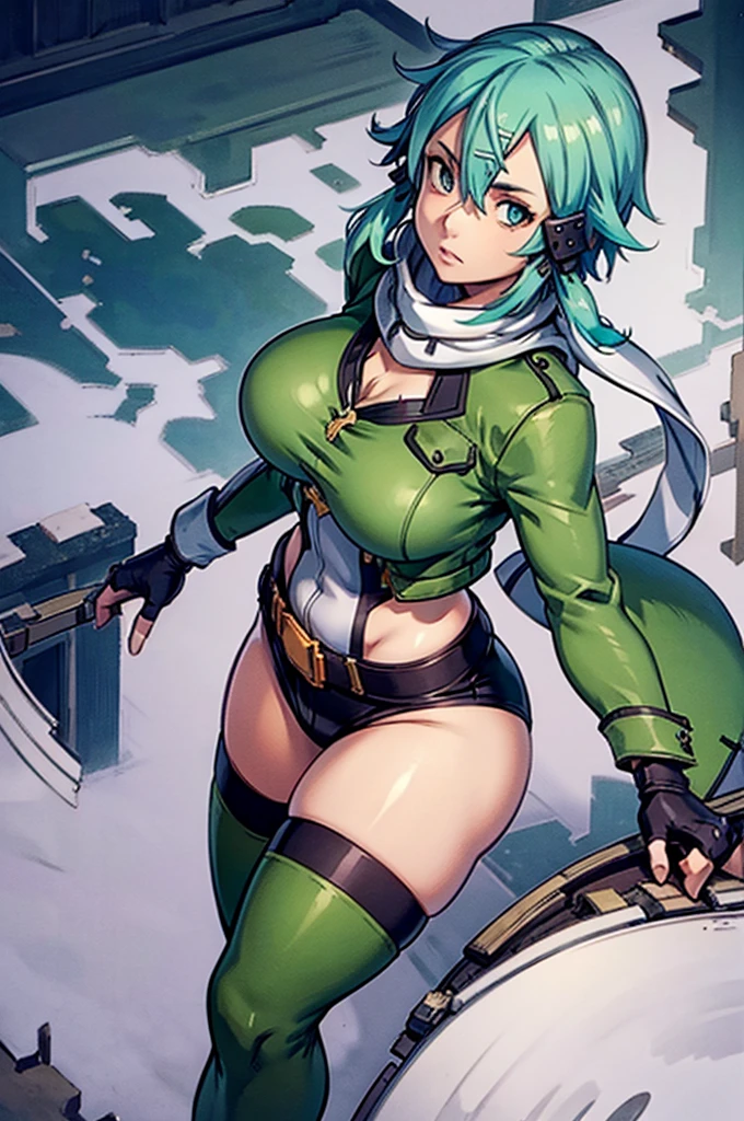 (masterpiece), best quality, expressive eyes, perfect face, highres, sinon1, scarf, fingerless gloves, long sleeves, short shorts, hair ornament, hairclip, green thighhighs, green jacket, thigh strap, field, ruins background, ruined structures, standing, portrait, looking at the viewer, thick thighs, very wide fat hips, massive fat round ass, massive fat breasts, deep cleavage, big fat belly, weight gain, big fat bloated belly, big fat stuffed belly, force feeding, overeating, deep fat navel, blushing, out of breath,