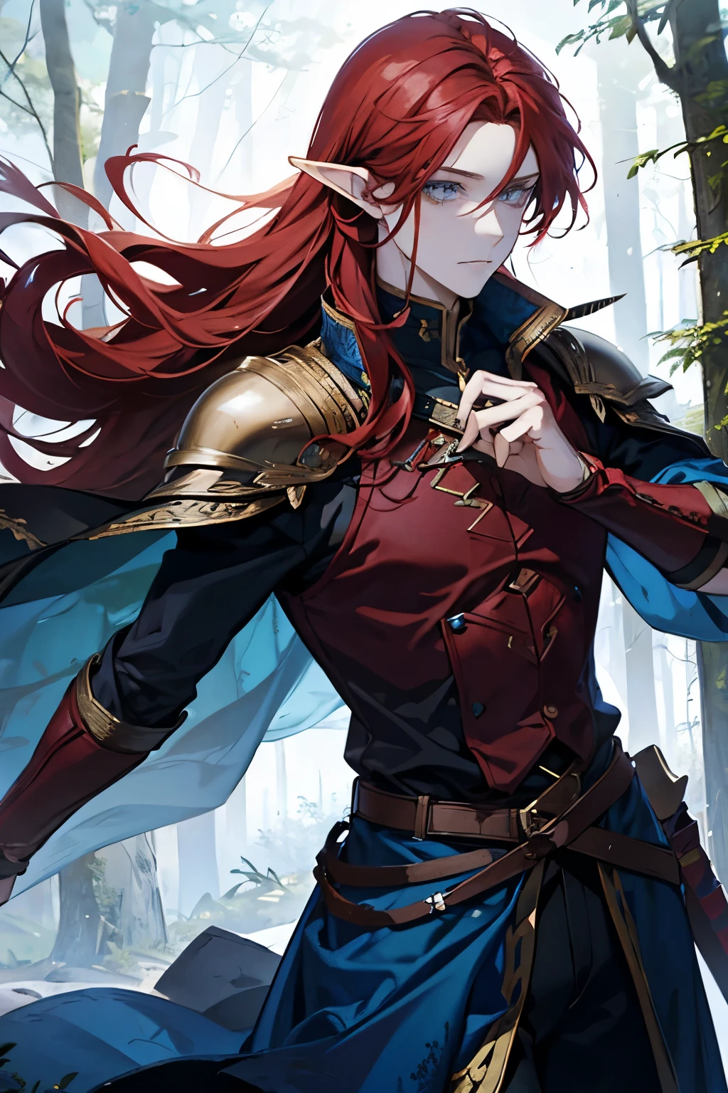 Elf guy, with medium-length red hair, dressed in barbarian armor, blue eyes, against a background of a dense forest
