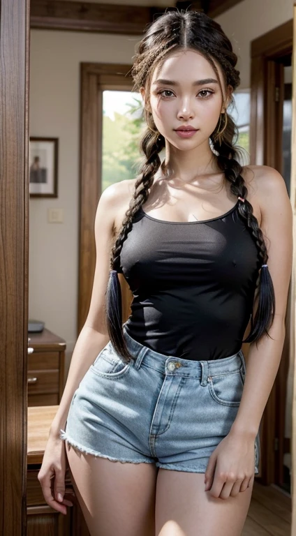 A refined description of the scene you described:
A woman in tight shorts with hair braided in a complex and elegant style is depicted in a stunning scene. Your braided hair displays a variety of patterns and textures, demonstrating skill and art in creating the hairstyle.
The woman is portrayed with a confident and proud posture, destacando sua beleza e autenticidade. Your facial features are distinct and expressive, reflecting your individuality and inner strength.
The scene is softly lit, highlighting the details of the braided hair and the beauty of the woman. Your presence is captivating, conveying a sense of grace and determination.
This depiction of a black woman with braided hair is a celebration of black culture and beauty., capturing the elegance and pride of a traditionally significant hairstyle.