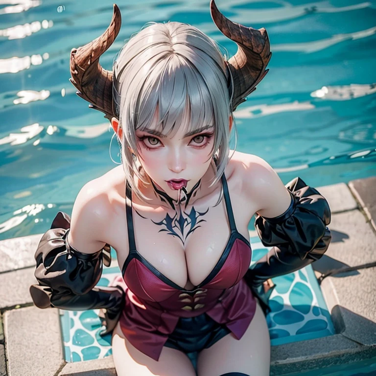 doggystyle anal, (creampie, realcumAI2:0.8) photo of Eliza from Tekken with short platinum hair, young and very cute being fucked by a perfect penis, on the towel (outdoors: 1.1) in the pool in the sun, from above, (supermodel: 1.2), (masterpiece, best quality, incredible details, perfect lighting, ultra-high skin details: 1.2), perfect face, perfect lips, perfect mouth