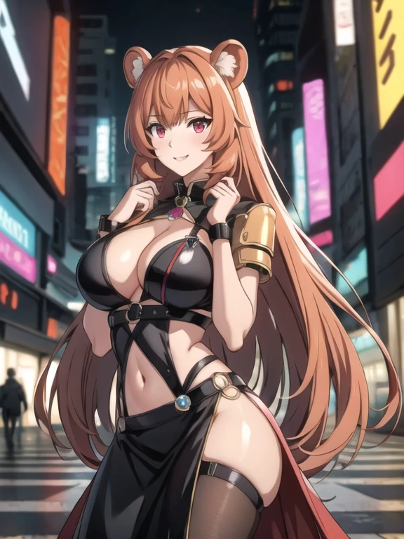 Raphtalia atractiva mujer. orejas de oso, cabello rubio naranja, red eyes like rubies, sonrisa boca abierta, rubor, pechos grandes, escote .ropa corta estilo cyberpunk,  neon buildings background . poses.