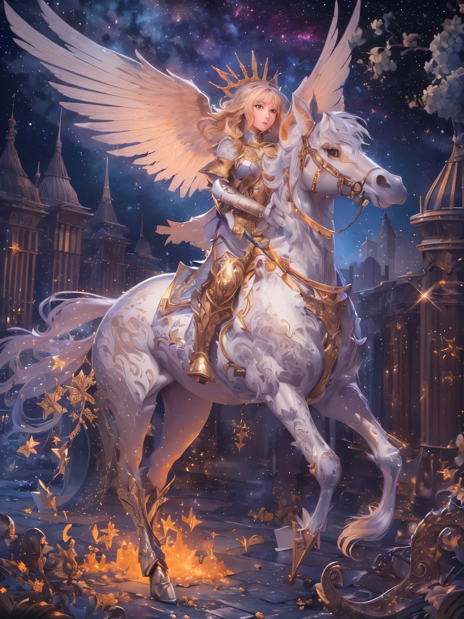 ((highest quality)),(Ultra-high resolution),(Very detailed),(Detailed Description),((The best CG)),(A masterpiece),Ultra-detailed art,Amazing drawing art,(Art with exquisite detail:1.5), (A woman in glittering armor:1.4), Milky Way, Pegasus,wing