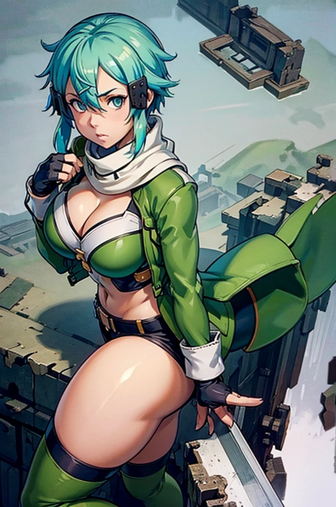 (masterpiece), best quality, expressive eyes, perfect face, highres, sinon1, scarf, fingerless gloves, long sleeves, short shorts, hair ornament, hairclip, green thighhighs, green jacket, thigh strap, field, ruins background, ruined structures, standing, portrait, looking at the viewer, (overhead view:2), thick thighs, wide hips, massive fat round ass, massive breasts, deep cleavage, chubby belly,