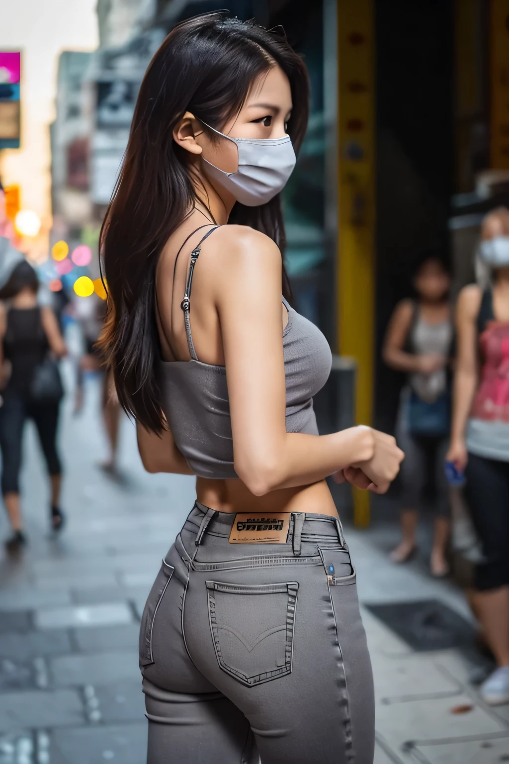 wear skinny jeans,Grey tank top,Plump butt,Protruding nipples, The back view is also attractive,Wear a mask,Sunset on the street corner,Stay away from full body photos,Stand in a corner, 20 meters away from the lens