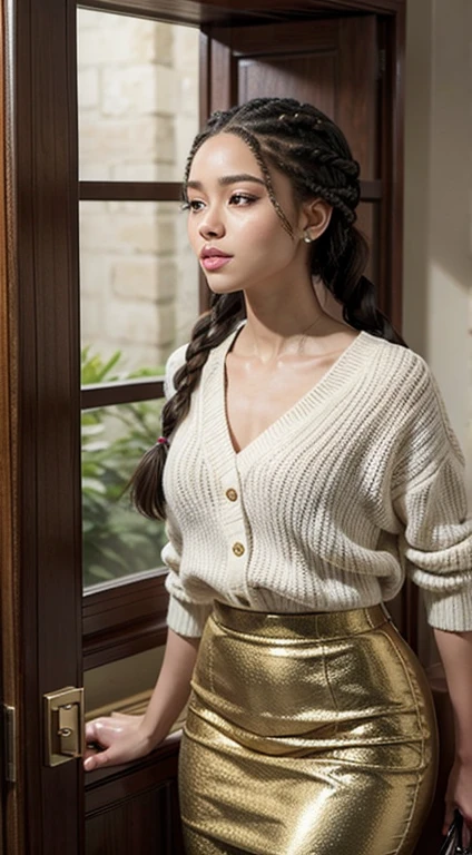 A refined description of the scene you described:
A woman in a tight skirt with hair braided in a complex and elegant style is depicted in a stunning scene. Your braided hair displays a variety of patterns and textures, demonstrating skill and art in creating the hairstyle.
The woman is portrayed with a confident and proud posture, destacando sua beleza e autenticidade. Your facial features are distinct and expressive, reflecting your individuality and inner strength.
The scene is softly lit, highlighting the details of the braided hair and the beauty of the woman. Your presence is captivating, conveying a sense of grace and determination.
This depiction of a black woman with braided hair is a celebration of black culture and beauty., capturing the elegance and pride of a traditionally significant hairstyle.