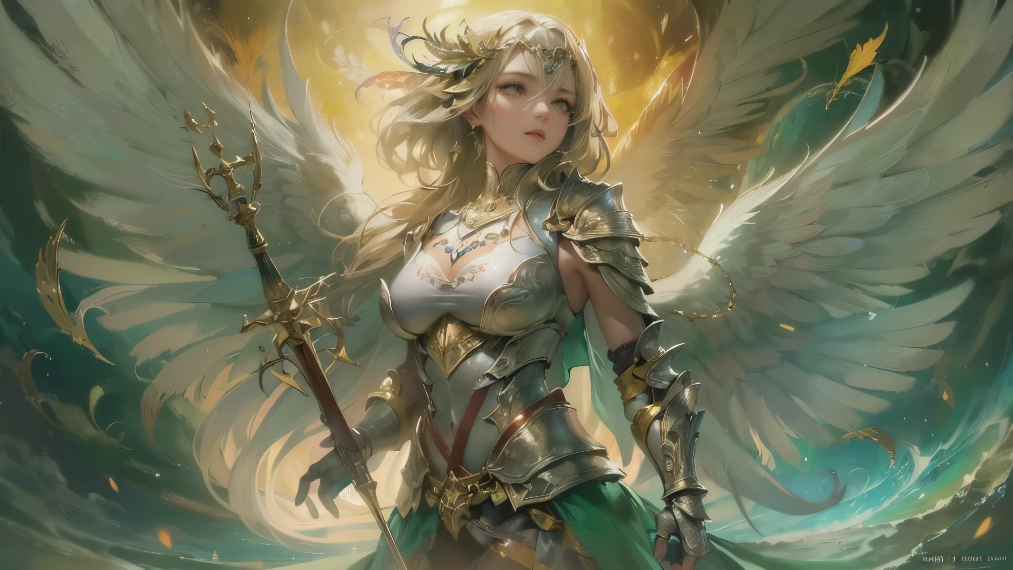 ((highest quality)),(Ultra-high resolution),(Very detailed),(Detailed Description),((The best CG)),(A masterpiece),Ultra-detailed art,Amazing drawing art,(Art with exquisite detail:1.5), (A woman in glittering armor:1.4),Dynamic Pose:1.5,roar:1.5, wing