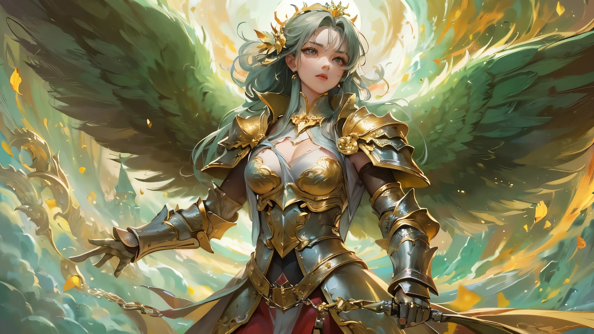 ((highest quality)),(Ultra-high resolution),(Very detailed),(Detailed Description),((The best CG)),(A masterpiece),Ultra-detailed art,Amazing drawing art,(Art with exquisite detail:1.5), (A woman in glittering armor:1.4),Dynamic Pose:1.5,roar:1.5, wing