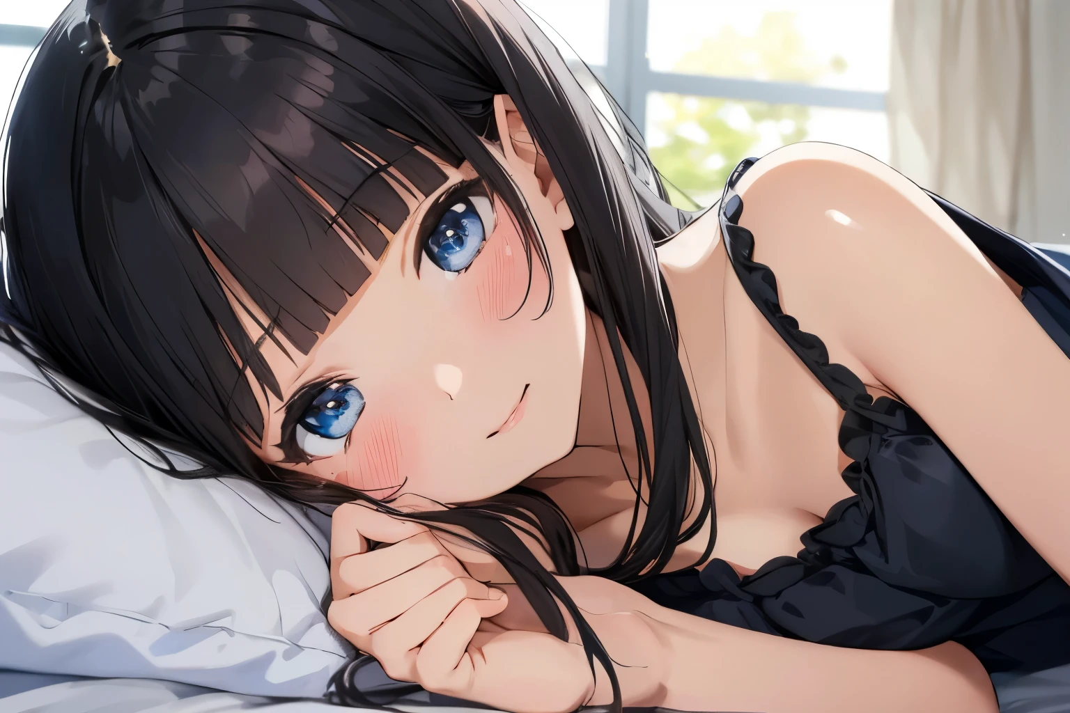 Masterpiece、highest quality、1 female、Super detailed　Black Hair、Blunt Bangs　Blue Eyes、Detailed depiction of the eyes　Smiling、blush　camisole　Face is close、Facial Close-up、Bring your face closer　Sheetsに寝転がる、Lying on your side　Sheets