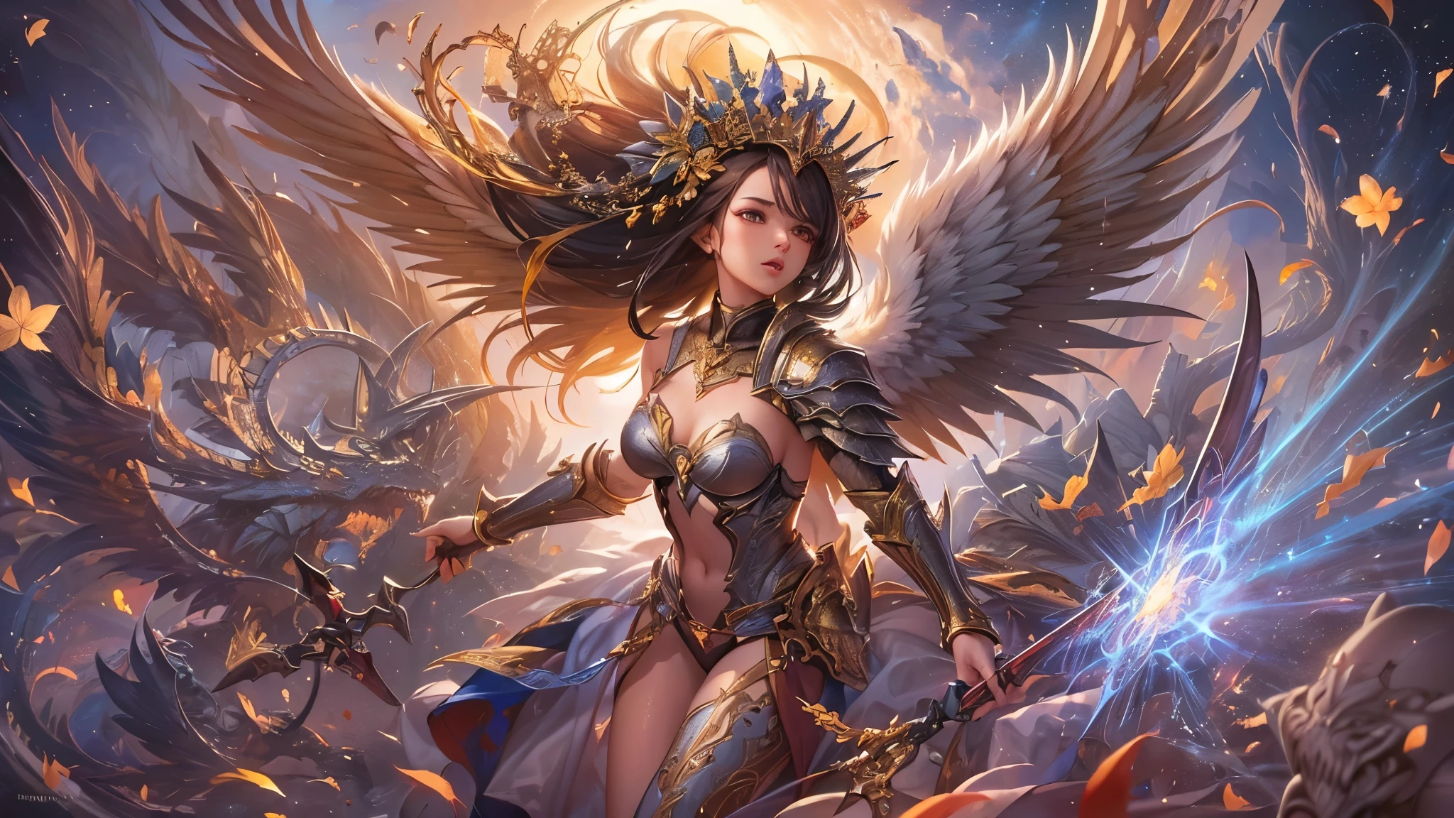 ((highest quality)),(Ultra-high resolution),(Very detailed),(Detailed Description),((The best CG)),(A masterpiece),Ultra-detailed art,Amazing drawing art,(Art with exquisite detail:1.5), (A woman in glittering armor:1.4),Dynamic Pose:1.5,roar:1.5, wing