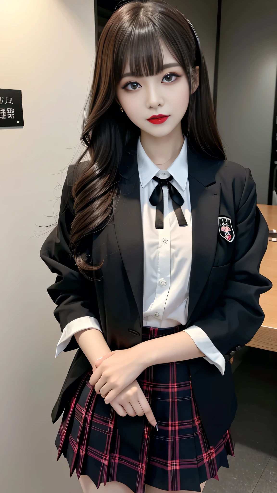 best quality、ultra-detailed、4k、Japanese、Seductive beauty、seductive adult woman、Pretty Woman、cool girl、Villainess、Brainwashed、brainwash、Fallen into evil、smirk、Evil look、Wicked Smile、evil、Brown hair、wavy hair、swept bangs、dark makeup、dark makeup、piercing eyes、hollow eyes,half-closed eyes、Hollow Eyes、purple Eyeshadow、black lipstick、black lipglos、student、blazer、White Shirt、Black Ribbon、flare skirt、night、inside school、Have lipstick、Emblem of Evil、Crest of Darkness、Swear allegiance、I have pledged my allegiance、Dye black、Blackening、Stained with evil、Dyed in darkness、Seduce
