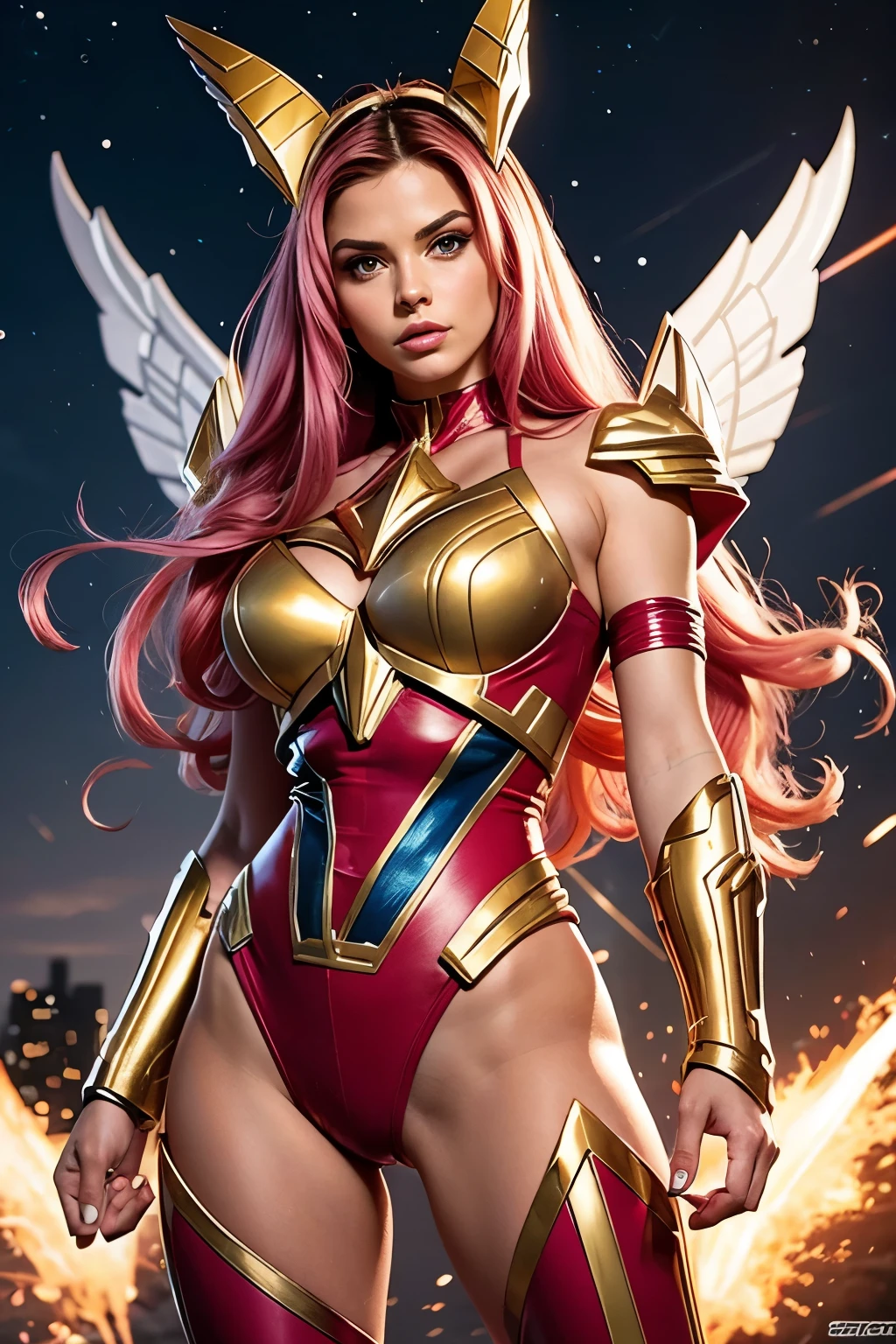 BOMBSHELL PINK HAIR VALKYRIE FLYING OUTERSPACE, , PALE SKIN, YELLOW EYES, HIGH CHEEKBONES, ROSY CHEEKS, MENTAL FORAMEN, HUGE LONG HAIR,LIGHT BLUE THONG LEOTARD ARMOUR, , LONG GOLD GAUNTLETS, ATHLETIC CURVY BODY, EXPOSED ARMS, DETAILED QUADRICEPS, MUSCLES, BACK BODY VIEW,  GOLD SHOES, FULL BODY PERSPECTIVE, SPRITE LIGHTINGS, OUTERSPACE, RAYS OS LIGHT, SUN, BACK LIGHTS, NIGHT SKY, ACCURATE IMAGE, MASTERPIECE.