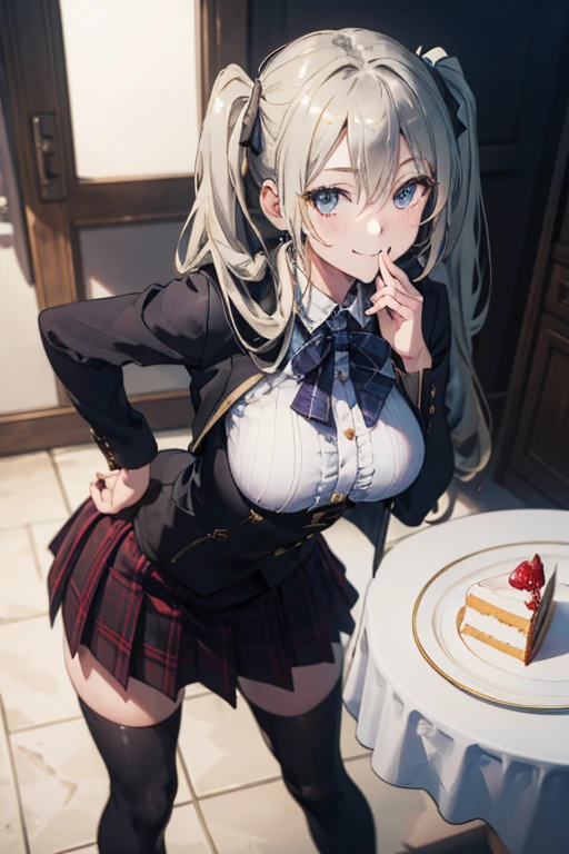 (from above:1.2),(from side:0.9), (Close-Up:0.4), ((looking at viewer, holding a cake to his mouth)), highest quality,(photorealistic:1.4)、(RAW photo:1.2)、very detailed CG unity 8k wallpaper, delicate and beautiful, wonderful, Fine detail, official art, huge file size, Ultra-detailed, very detailed girl, very detailed eyes and face, Bright on the face、(20 age girl:1.0),masterpiece, highest quality,plaid capelet, white shirt, long sleeves, black skirt, black thighhighs,large breasts,smile,(contrapposto:1.3),(leaning forward:1.3),(Hand on Hips),top-quality,Top image quality,perfect anatomy,masterpiece,ultra-detailliert,Beautiful,ultra-quality, best quality,high resolution, ultra-detailed,dutch angle ,beautiful detailed eyes,visualart,five fingers, perfect hands,small smile, smiling, (twintail hair:1.25), hair between eyes, hair twintails,(best quality, highres, masterpiece:1.2), ultra-detailed, (realistic:1.37) illustration, erotic style, soft lighting, sweat glistening on her body, gentle warmth, mysterious, medium breast,narrow waist,(with sparkling eyes and a contagious smile),her thin pubic hair, looking at viewer,