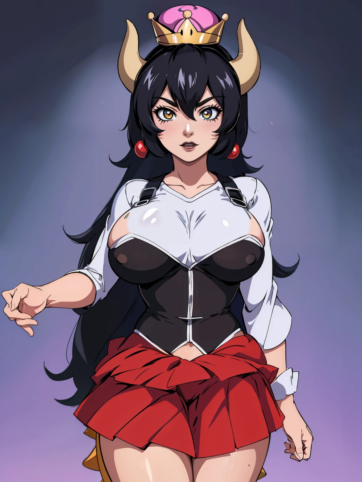 Bowsette, bible black , large breasts, fully body shot, white shirt, tight red skirt