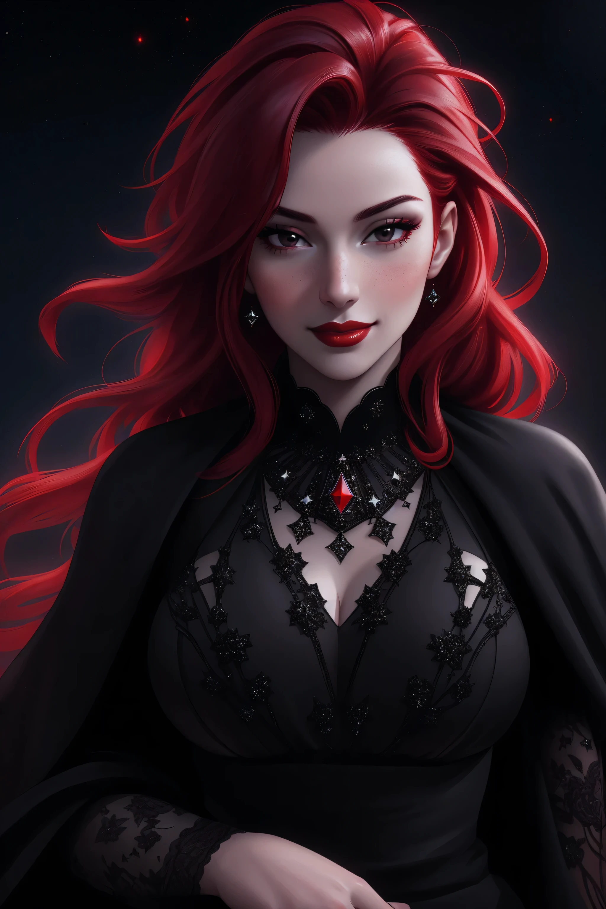(Masterpiece - Ultra-Detailed, High Resolution) ((vivid red hair)), mature woman, 30 years old, diamond face, red starry sky background, depth of field, magic, big red lips, ((dark and black eyes)) black and red long and full dress, covered chest, mystical atmosphere, ominous shadows, Intense blue aura, Intense red aura (best quality:1.2), absurdres, intricate details, (highly detailed skin:1.2), smile expression, posing, taut and well defined body, attractive. Highly realistic, white skin, beautiful, hyperrealism, skin very elaborated, direct gaze.