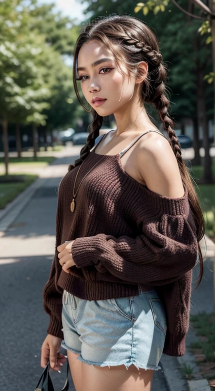 A refined description of the scene you described:

A woman in tight shorts with hair braided in a complex and elegant style is depicted in a stunning scene. Your braided hair displays a variety of patterns and textures, demonstrating skill and art in creating the hairstyle.

The woman is portrayed with a confident and proud posture, destacando sua beleza e autenticidade. Your facial features are distinct and expressive, reflecting your individuality and inner strength.

The scene is softly lit, highlighting the details of the braided hair and the beauty of the woman. Your presence is captivating, conveying a sense of grace and determination.

This depiction of a black woman with braided hair is a celebration of black culture and beauty., capturing the elegance and pride of a traditionally significant hairstyle.