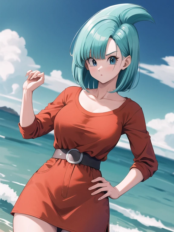 Obra maestra, mejor calidad, high resolution, Dragon Ball, blmmid, pelo aguamarina, pelo medio, flequillo contundente, diadema roja, pechos medianos, camisa, Falda, tiro de vaquero, adentro, de pie,