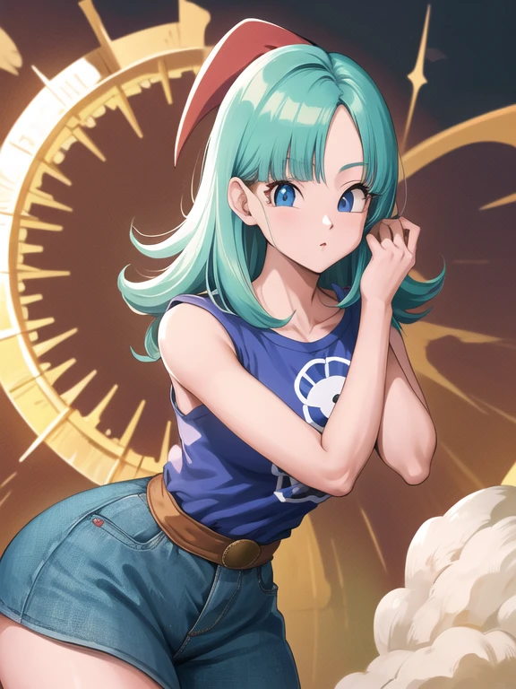 Obra maestra, mejor calidad, high resolution, Dragon Ball, blmmid, pelo aguamarina, pelo medio, flequillo contundente, diadema roja, pechos medianos, camisa, Falda, tiro de vaquero, adentro, de pie,