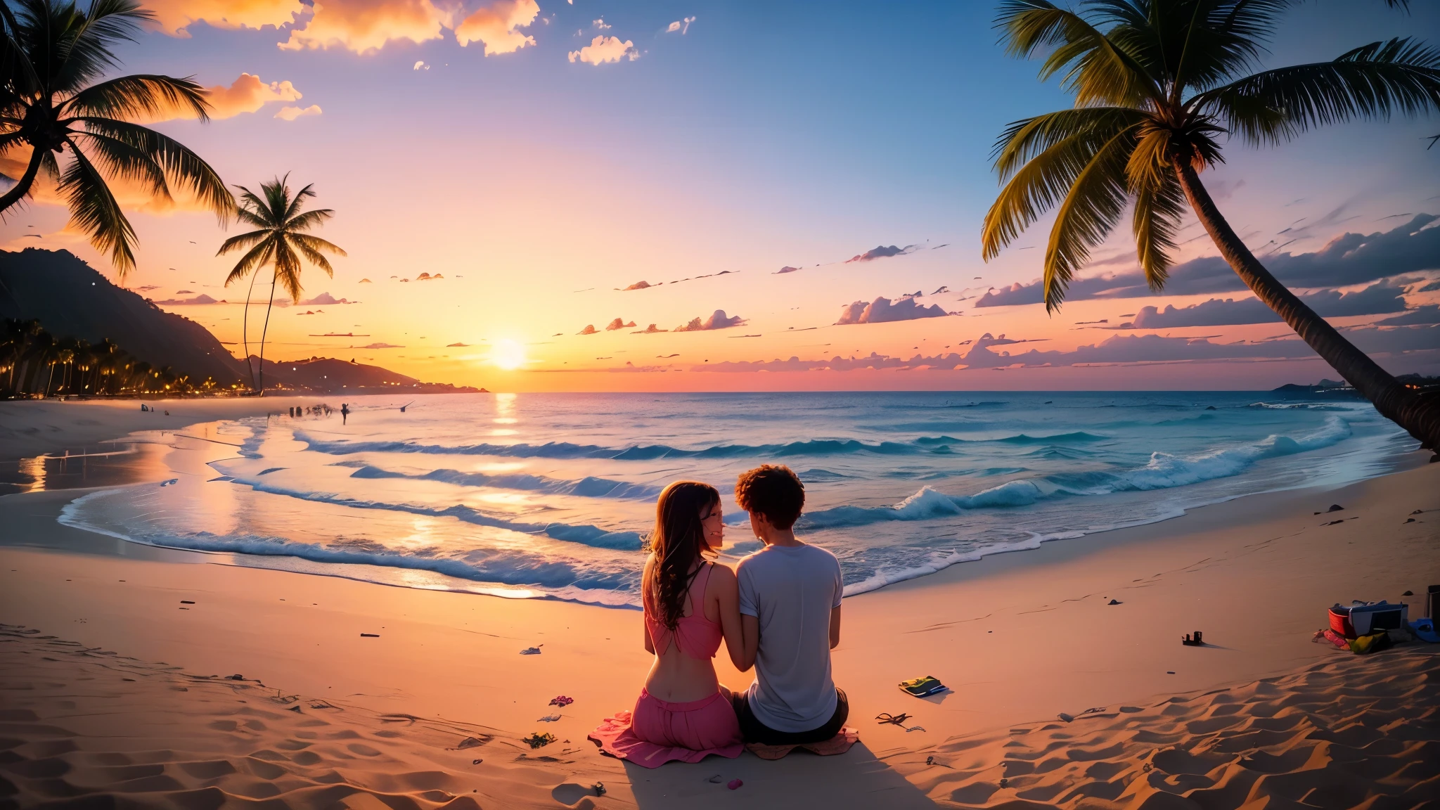 Setting:Serene beach paradise with soft white sand, RIO DE JANEIRO, calm crystal-clear waters, radiant sunset, swaying palm trees, and a warm bonfire.Characters:Happy young people singing and playing music around the bonfire under the stars.Emotion:Peace, joy, togetherness, natural beauty, and infectious happiness.