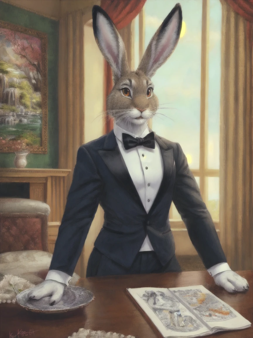 Hare, anthro, in tuxedo, by Kenket, (Sharp focus, masterpiece, 8k, intricate artwork, hyper detailed, high detail)