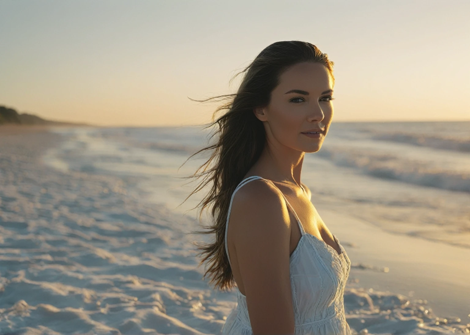 Scene of a woman sideways on the beach, looking over her shoulder at the camera. Camera Type: Professional high-resolution DSLR. Lens: High quality wide angle to capture the full breadth of the scene. Lens Focal Length: Between 24mm and 35mm to cover the entire landscape. Aperture: Set to f/8 to ensure adequate depth of field. ISO: Adjusted to 100 to minimize image noise. Shutter Speed: Between 1/100 seconds to capture the subtle movement of the scene. White Balance: Adjusted for the specific lighting conditions of the scene (such as direct sunlight or soft sunset light). Exposure: Balanced to capture the full range of tones in the scene. Focus: Adjusted to ensure that key elements in the scene are sharp and well-defined. Image Stabilization: Enabled to ensure sharp images, especially in low-light conditions or when there is movement in the scene.
