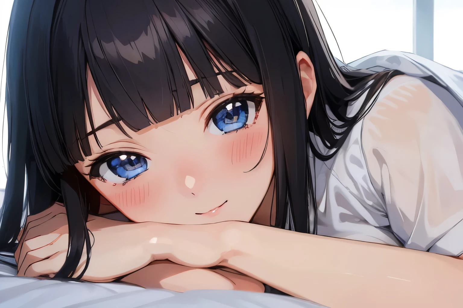 Masterpiece、highest quality、1 female、Super detailed　Black Hair、Blunt Bangs　Blue Eyes、Detailed depiction of the eyes　Smiling、blush　tits　Face is close、Facial Close-up、Bring your face closer　Sheetsに寝転がる、Lying on your side　Sheets