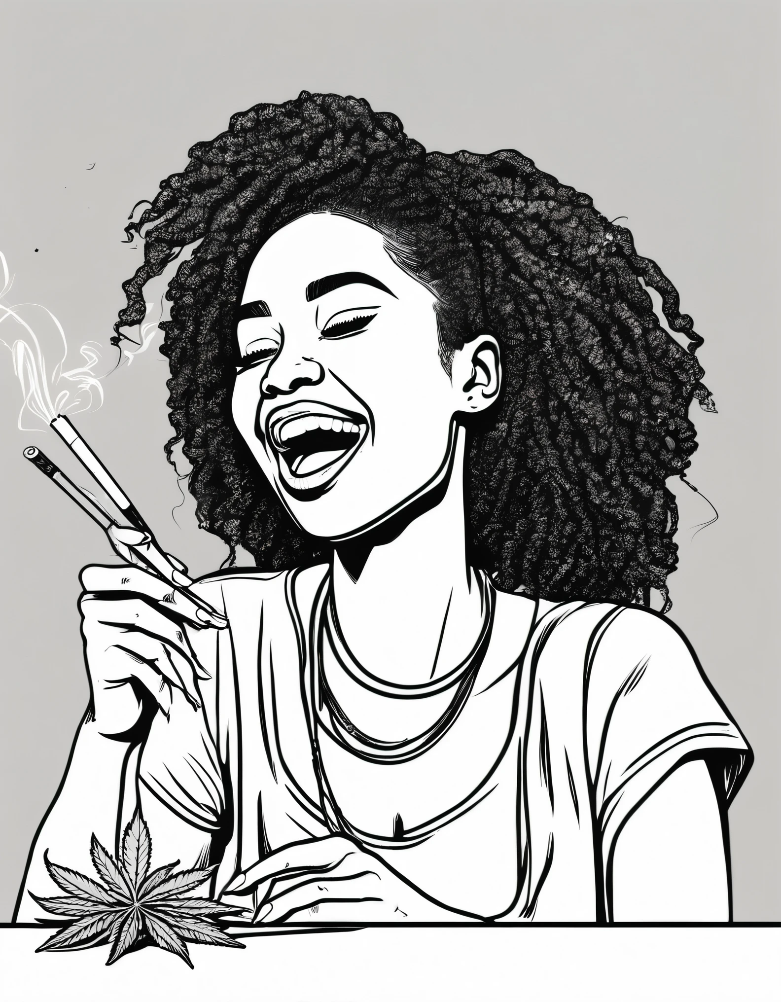 A black girl joyfully rolling a marijuana joint, black line art, white background, clean outline art, rule of thirds, no shading