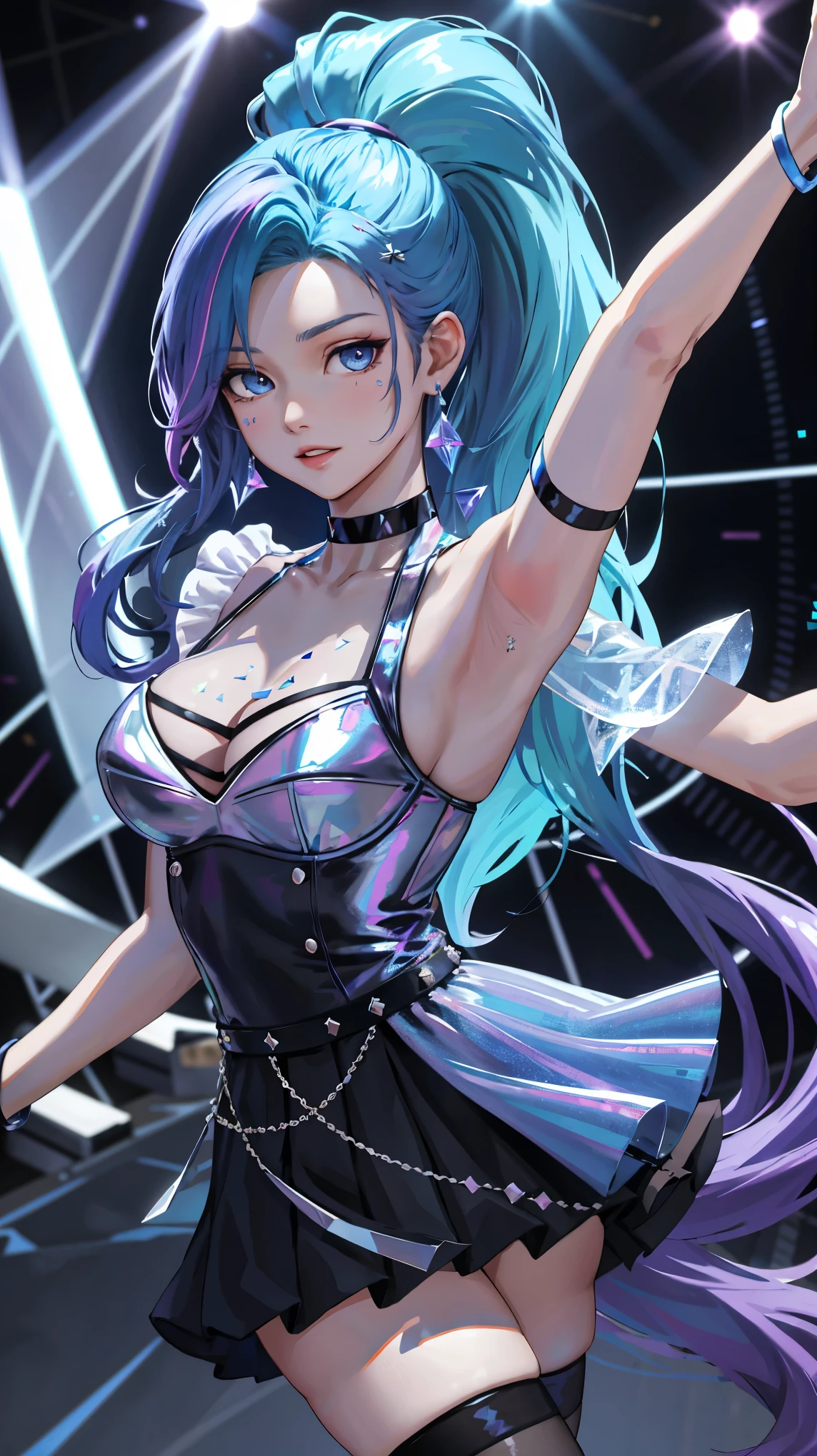 masterpiece, best quality, highres, seraphine1, 1girl, solo, blue hair, k/da \(league of legends\), very long hair, multicolored hair, jewelry, ponytail, blue eyes, earrings, dress, black choker, two-tone hair, purple hair, black thighhighs, bracelet, black skirt, crystal, large breasts, on the stage, waving