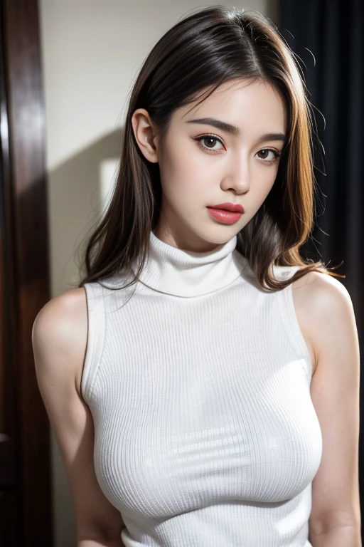 Photo of a beautiful woman ,(White sleeveless turtleneck sweater with open chest., rift:1.2) , Thin body, Beautiful picture, Shiny skin ,detailed face, Detailed eyes, black eyes, glossy lips , big breast, Extremely detailed, A delicate smile, (Very good, elegant, bright colors,fall,:1.1),Medium-short dark brown hair, (best quality, Masterpiece, Ultra high resolution ,realistic:1.3),