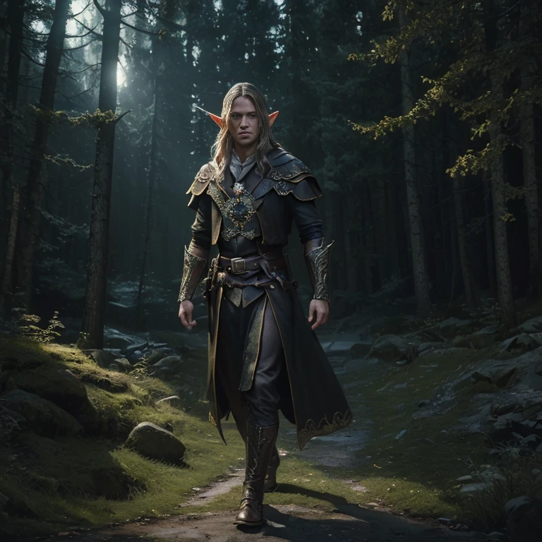 (master piece:1.5), (best quality:1.5), (exquisite lighting and shadow, highly dramatic picture, cinematic lens effect) (Photorealistic picture) (Card game image) 8k, wallpaper, dynamic pose, an elf wizard, night castle in the forest, night background, highly detailed, realistic, cinematic lighting, studio quality
