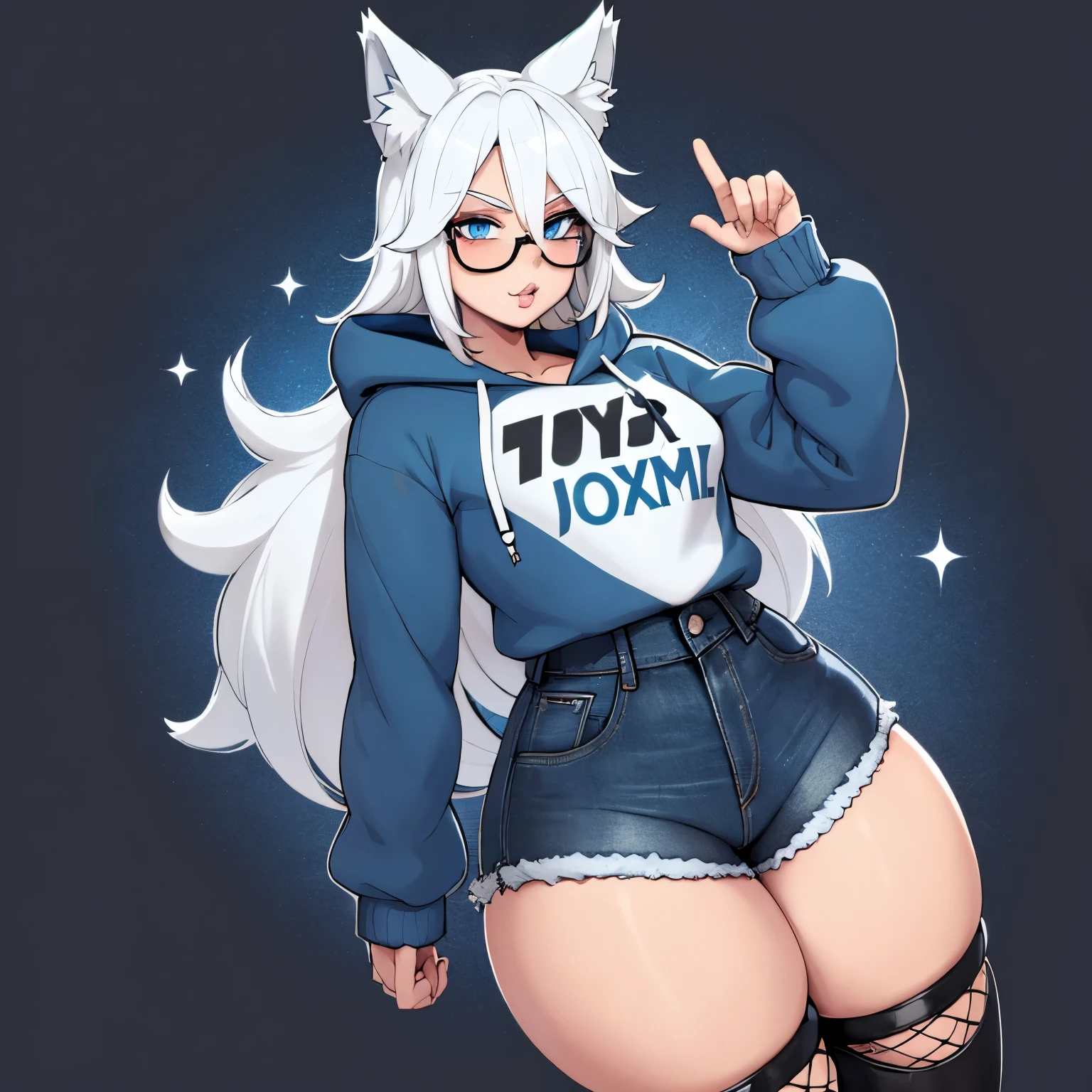 Single boy, Anime boy, Short, Long white hair, wolf ears, wolf tail, blue eyes, wearing short denim shorts, thigh high fishnets, black combat boots, oversized cropped hoodie, flat chest, super flat chest, solo femboy, only one femboy ((FLAT CHEST)) solo, alone, (SOLO)(ALONE) thicc thighs, wide hips, blue eyes, perfect eyes, perfect face, pouty lips, happy, curvy, sparkly blue eyes, wearing large round glasses