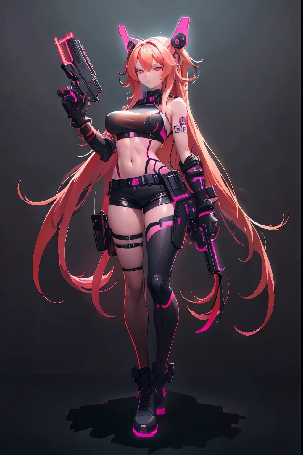 woman, very long hair, perverity expression, red oranje black neon colors, suit with neon hexagons, big breasts, holds a gun, low-cut top, camouflage shorts, luminous tattoos, skull squad shield, battalion pose, full body focus , High Definition.
