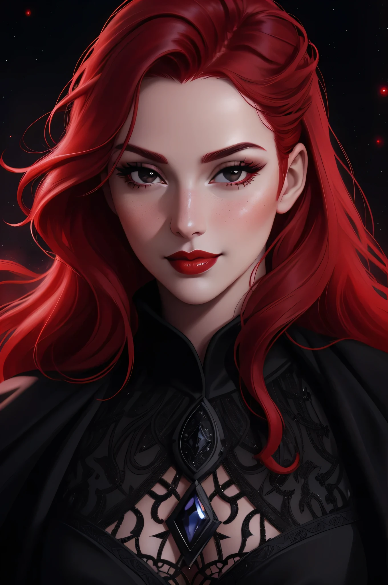 face close up, portrait shot, ((vivid red hair)), mature woman, 30 years old, diamond face, red starry sky background, depth of field, magic, big red lips, ((dark and black eyes)) black and red long and full dress, covered chest, mystical atmosphere, ominous shadows, Intense blue aura, Intense red aura (best quality:1.2), absurdres, intricate details, (highly detailed skin:1.2), smile expression, posing, taut and well defined body, attractive. Highly realistic, white skin, beautiful, hyperrealism, skin very elaborated, direct gaze,
