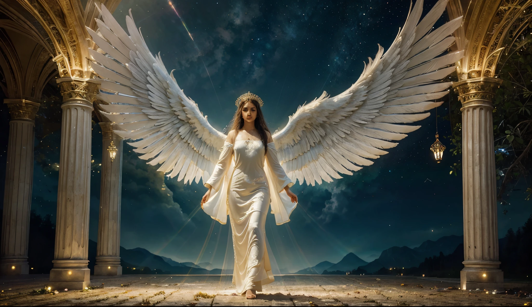 best quality,4k,8k,highres,masterpiece:1.2),ultra-detailed,(realistic,photorealistic,photo-realistic:1.37),impressionist ,portrait,holy,glowing light,ethereal atmosphere,divine presence,wings,angelic beings,heavenly beings,majestic figures,flowing robes,serene expressions,golden halos,saints,harp,messenger of God,religious,spiritual,beauty,divinity,peaceful landscape,surreal elements,healing power,uplifting,tranquility,celestial,harmony,divine light,sacred place,illumination,hopeful,colossal,otherworldly ambiance,miraculous,luminous,dreamlike,colorful,soft brushstrokes,vibrant colors,enchanting scenery,warm undertones,serenity,seraphim,cherubim,heavenly music