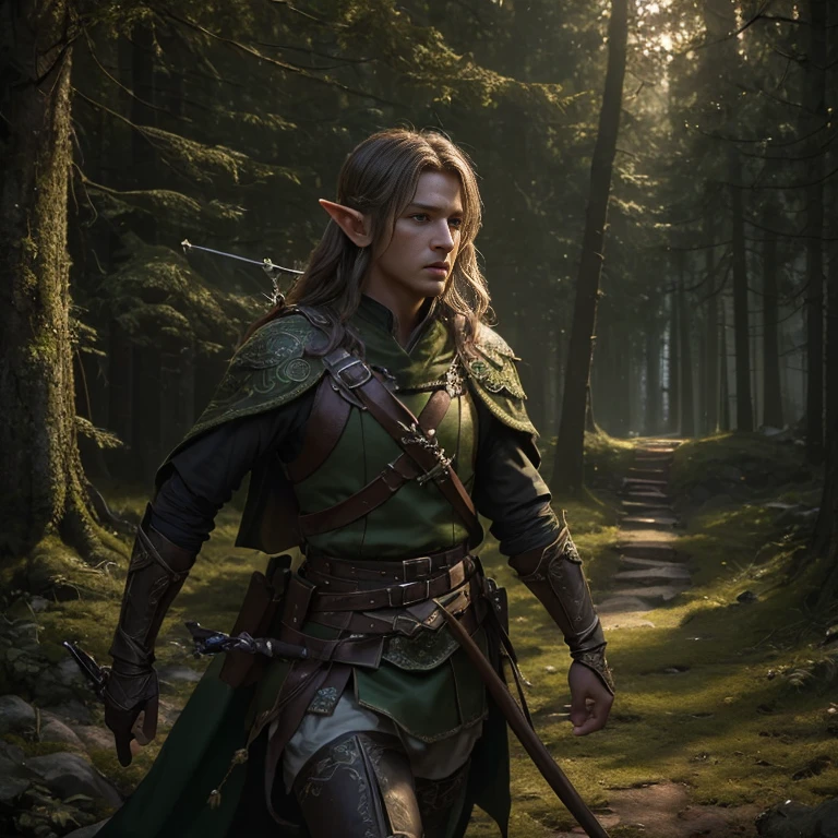 (master piece:1.5), (best quality:1.5), (exquisite lighting and shadow, highly dramatic picture, cinematic lens effect) (Photorealistic picture) (Card game image) 8k, wallpaper, dynamic pose, an elf archer, night castle in the forest, night background, highly detailed, realistic, cinematic lighting, studio quality