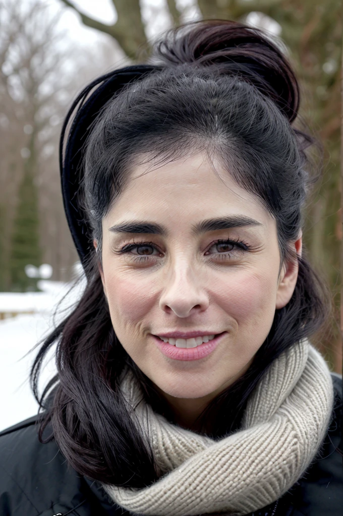 SarahSilverman, woman, realistic, 8k, highly detailed, black hair, smile, makeup, portrait, winter coat, scarf, outside,
